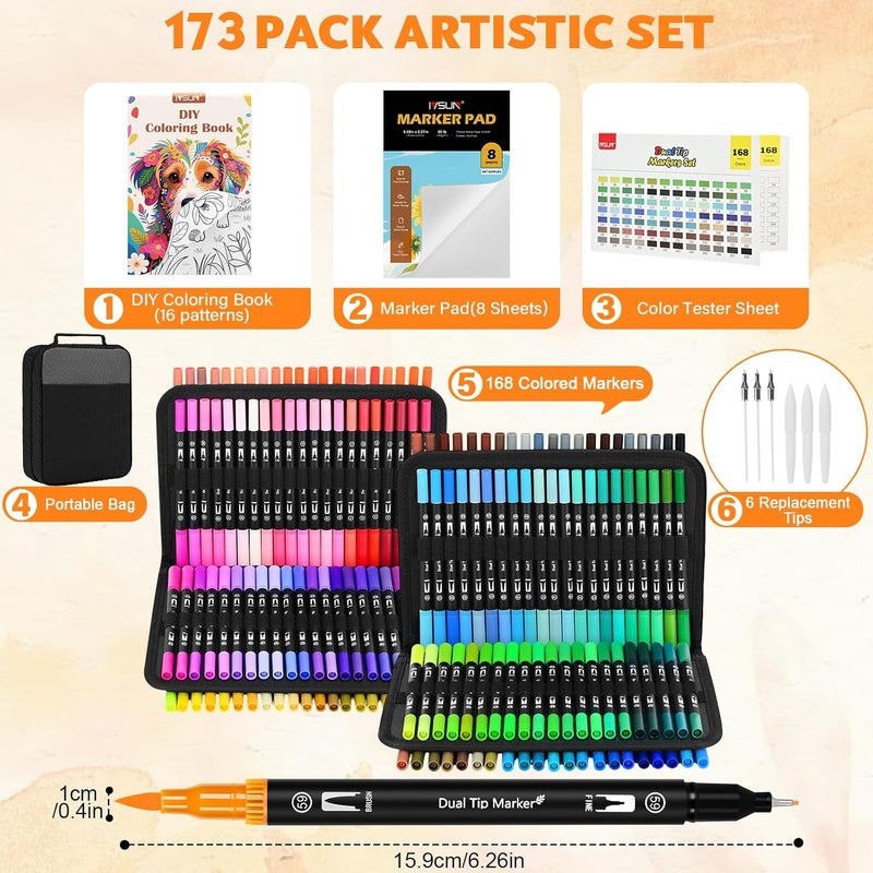 IVSUN Dual Brush Marker Pens,168 Colors Art Markers Set with Fine & Brush Tip for Adult Coloring Book, Bullet Journaling, Drawing, Note Taking, Planner, Hand Lettering, Calligraphy, Art Supplies Kit - Image 3